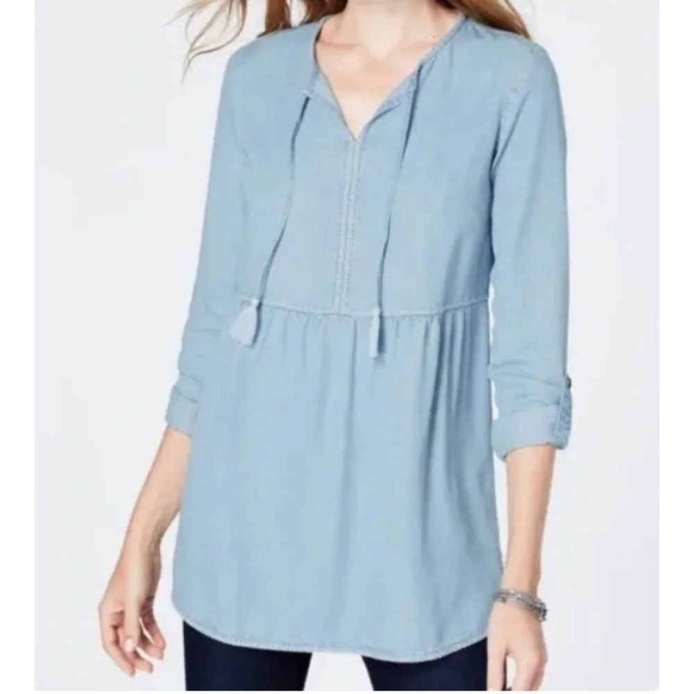 J. Jill Denim Popover Chambray Tunic Blouse Embroidered Tassel Boho Petite M